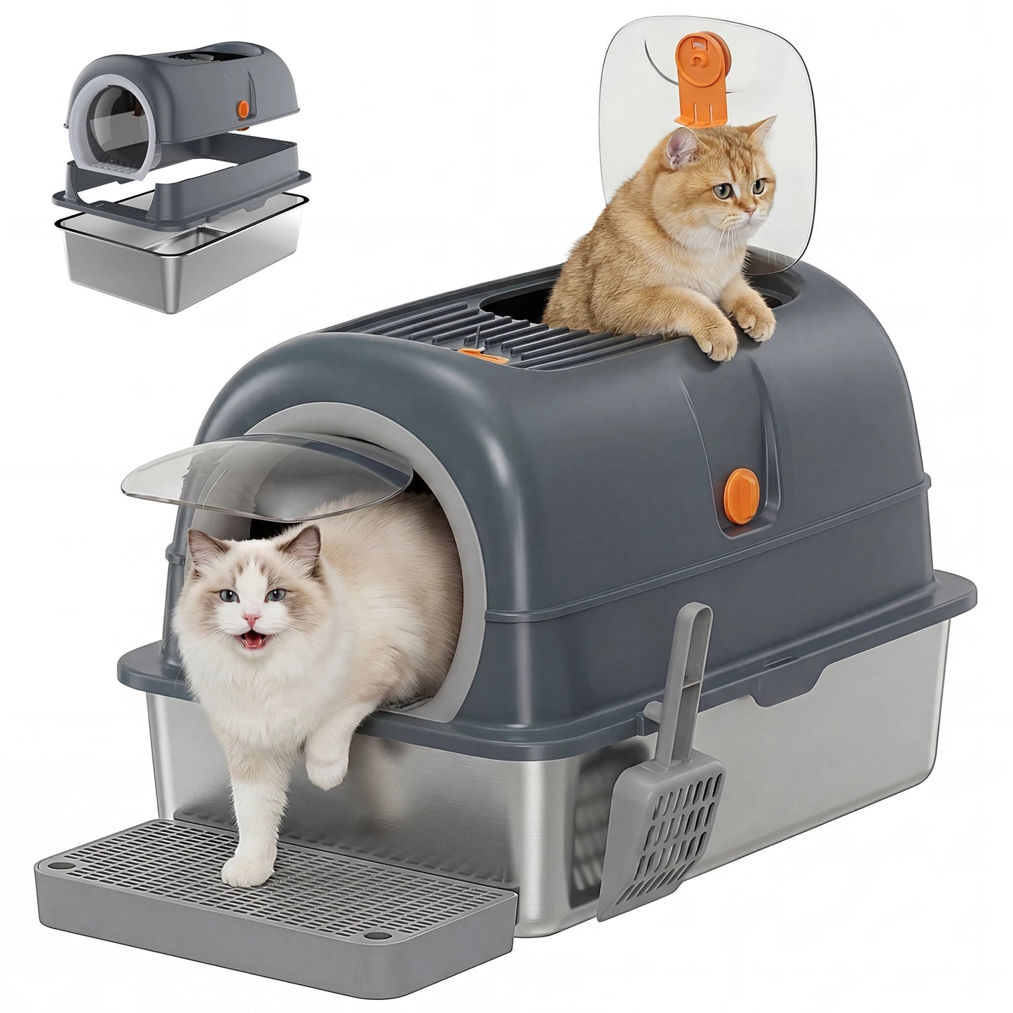 24IN Stainless Steel Cat Litter Box with Fully Enclosed 30L Large Cat Litter Box for Big Cats, Cat Box Scoop and Mat Included