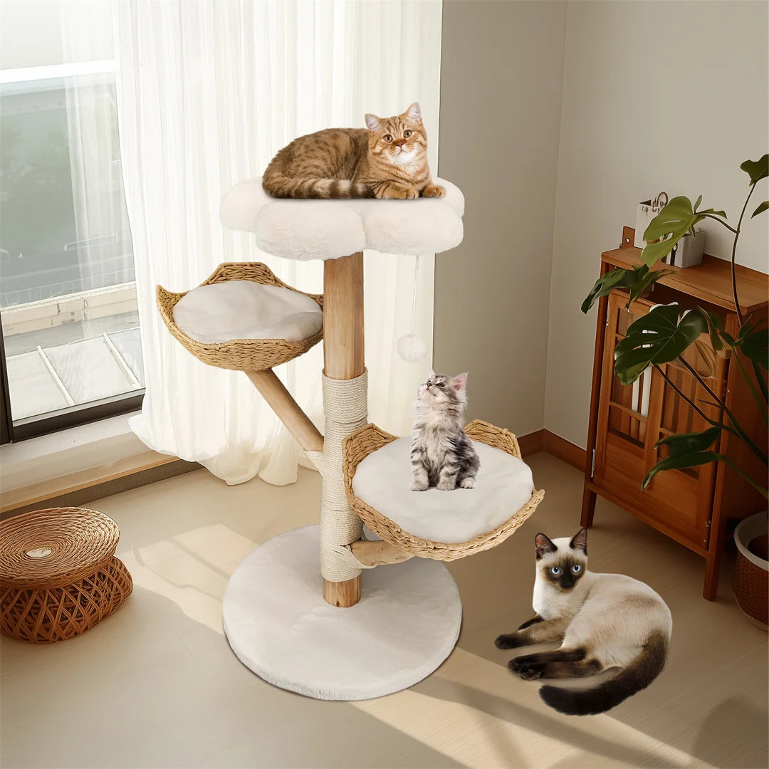 Modern Cat Furniture Climbing Tree Solid Wood Activity Center with Scratching Post for Kitty