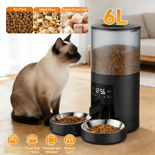 6L Automatic Cat Feeder with 2 Stainless Bowls Timed Cat Food Dispenser Dual Power Supply Dual Pet Feeder for Cat and Dog