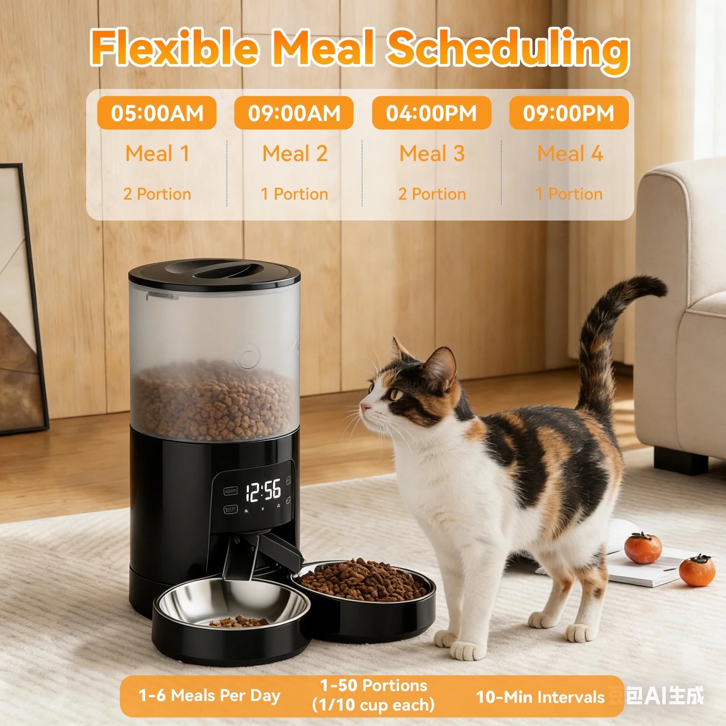 6L Automatic Cat Feeder with 2 Stainless Bowls Timed Cat Food Dispenser Dual Power Supply Dual Pet Feeder for Cat and Dog