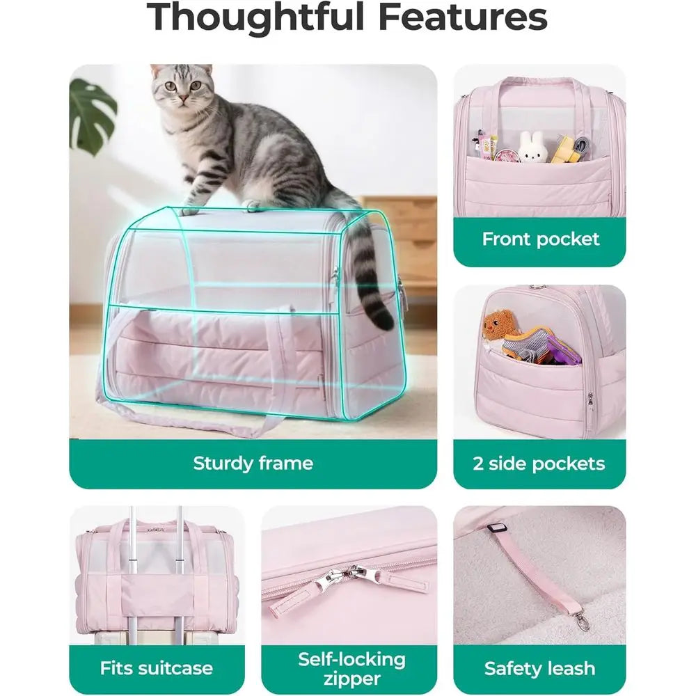 Cat Carrier: Soft-Sided Pet Carrier for Small Medium Cats Dogs Puppy Quilted Collapsible Puffy Travel Bag Up to 20 Lbs Pink