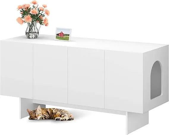 Double Litter Box Enclosure, Litter Box Enclosure for 2 Litter Boxes, Modern Box Furniture for 2 Cats, Scandi Style (Whit