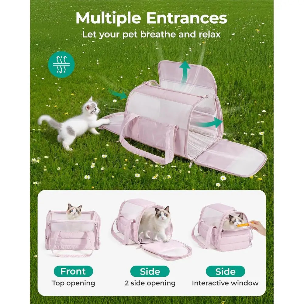 Cat Carrier: Soft-Sided Pet Carrier for Small Medium Cats Dogs Puppy Quilted Collapsible Puffy Travel Bag Up to 20 Lbs Pink