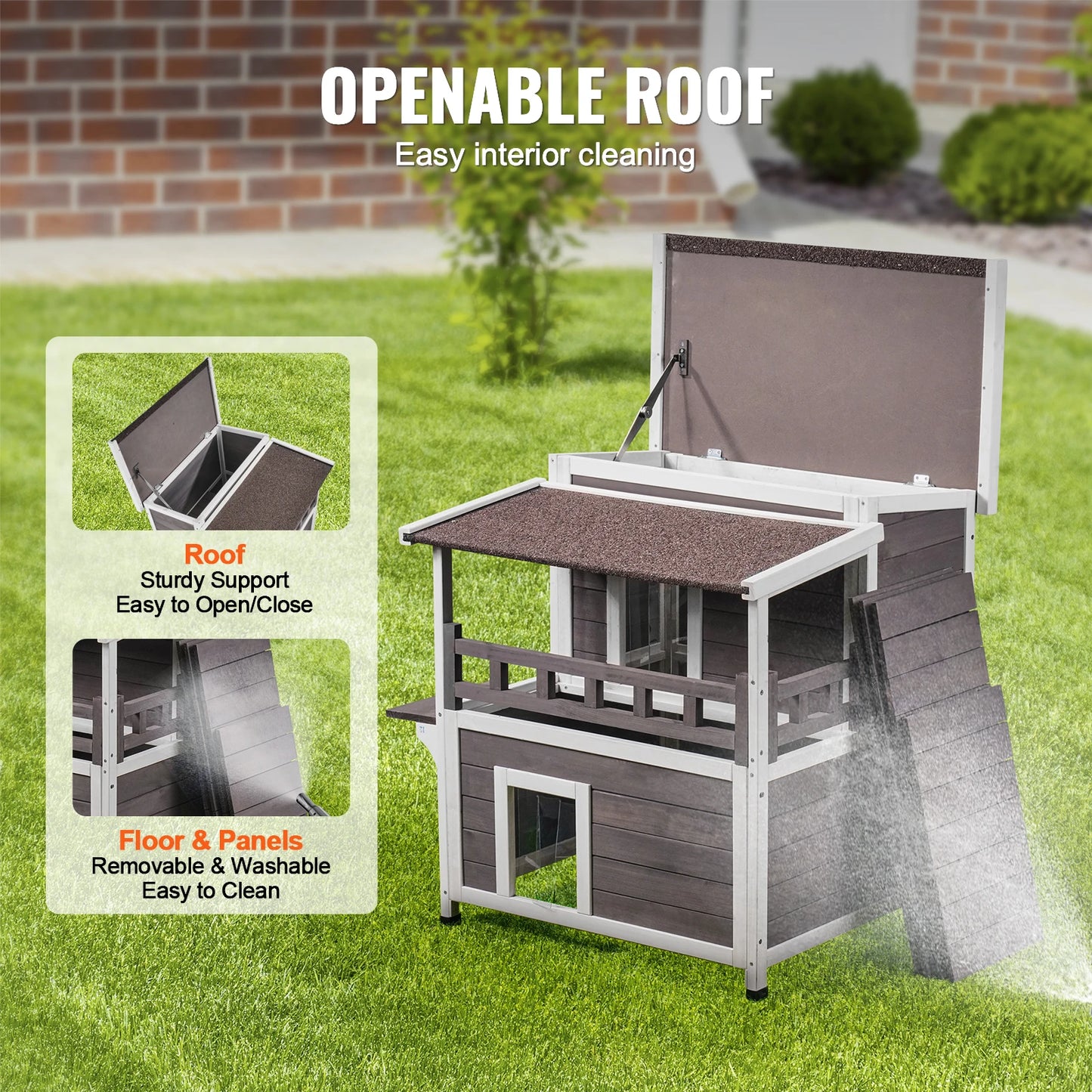 Outdoor Cat House Weatherproof Feral Cat Shelter 2-story Large Outdoor Wooden Cat House with Balcony Door and Open Roof