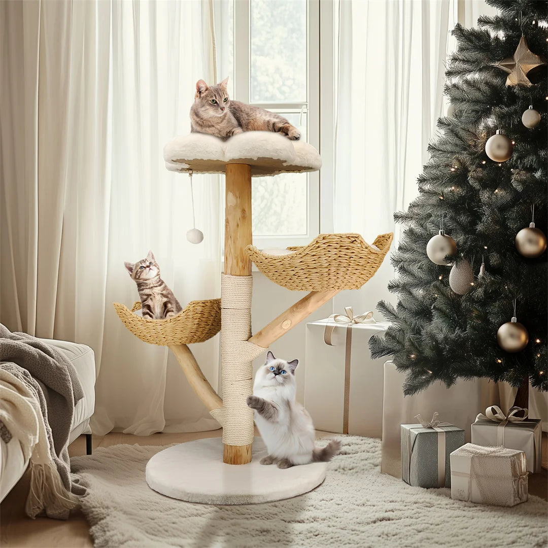 Modern Cat Furniture Climbing Tree Solid Wood Activity Center with Scratching Post for Kitty