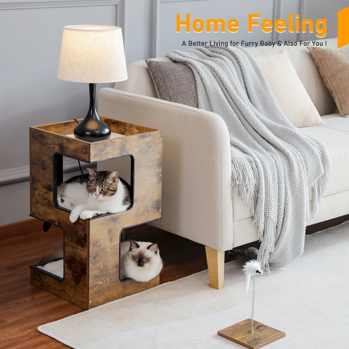 Wood Cat Condo House, Bed with Removable Soft Mats, Modern Cat Tree Tower with Scratching Pad