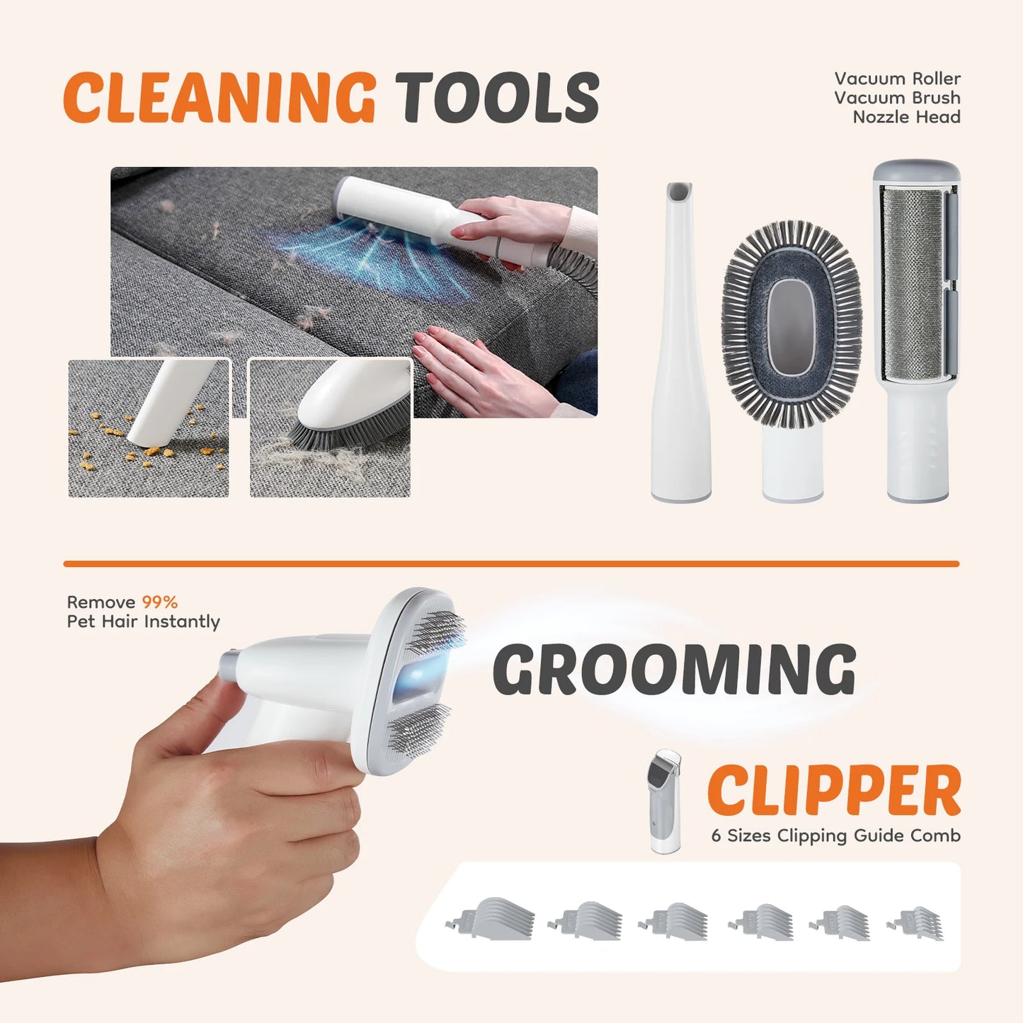 Professional Pet Grooming Vacuum Kit 3 Suction Modes and 5 Groomer Tools with Cordless Low Noise Dog Clippers for Cats