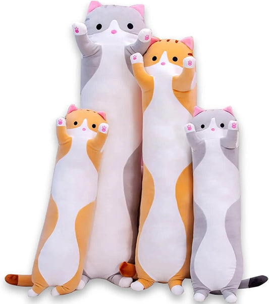 Cute Cat Plush Long Body Pillow, Soft Stuffed Animal Doll for Kids Girls, Gray 19 Inches