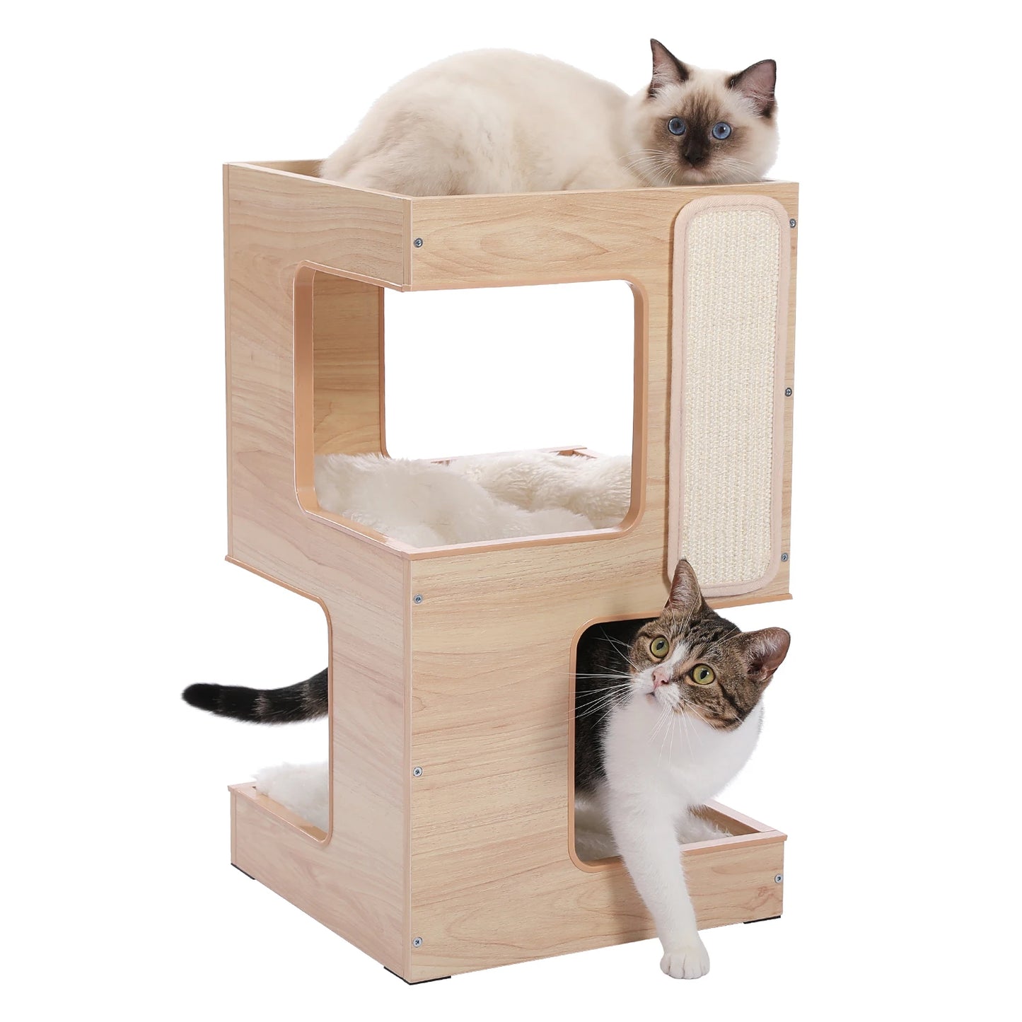 Wood Cat Condo House, Bed with Removable Soft Mats, Modern Cat Tree Tower with Scratching Pad