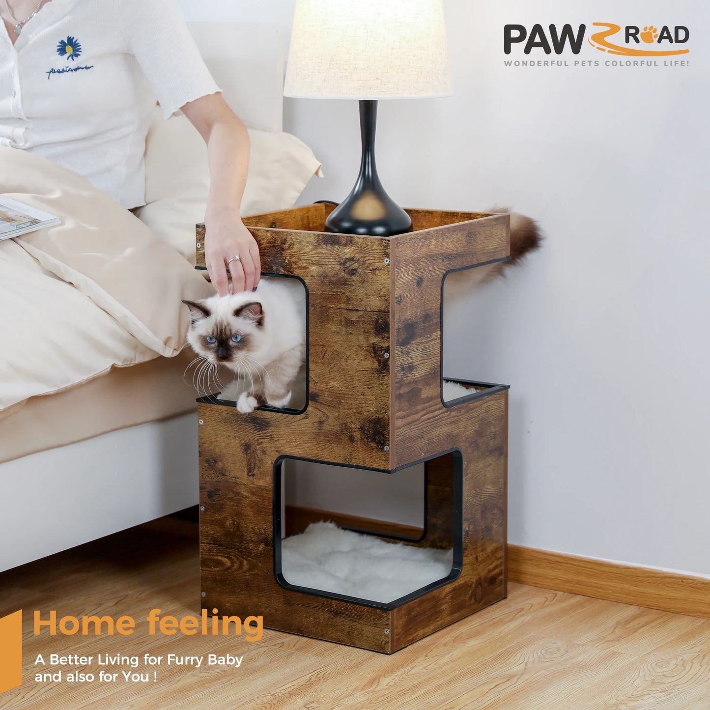 Wood Cat Condo House, Bed with Removable Soft Mats, Modern Cat Tree Tower with Scratching Pad