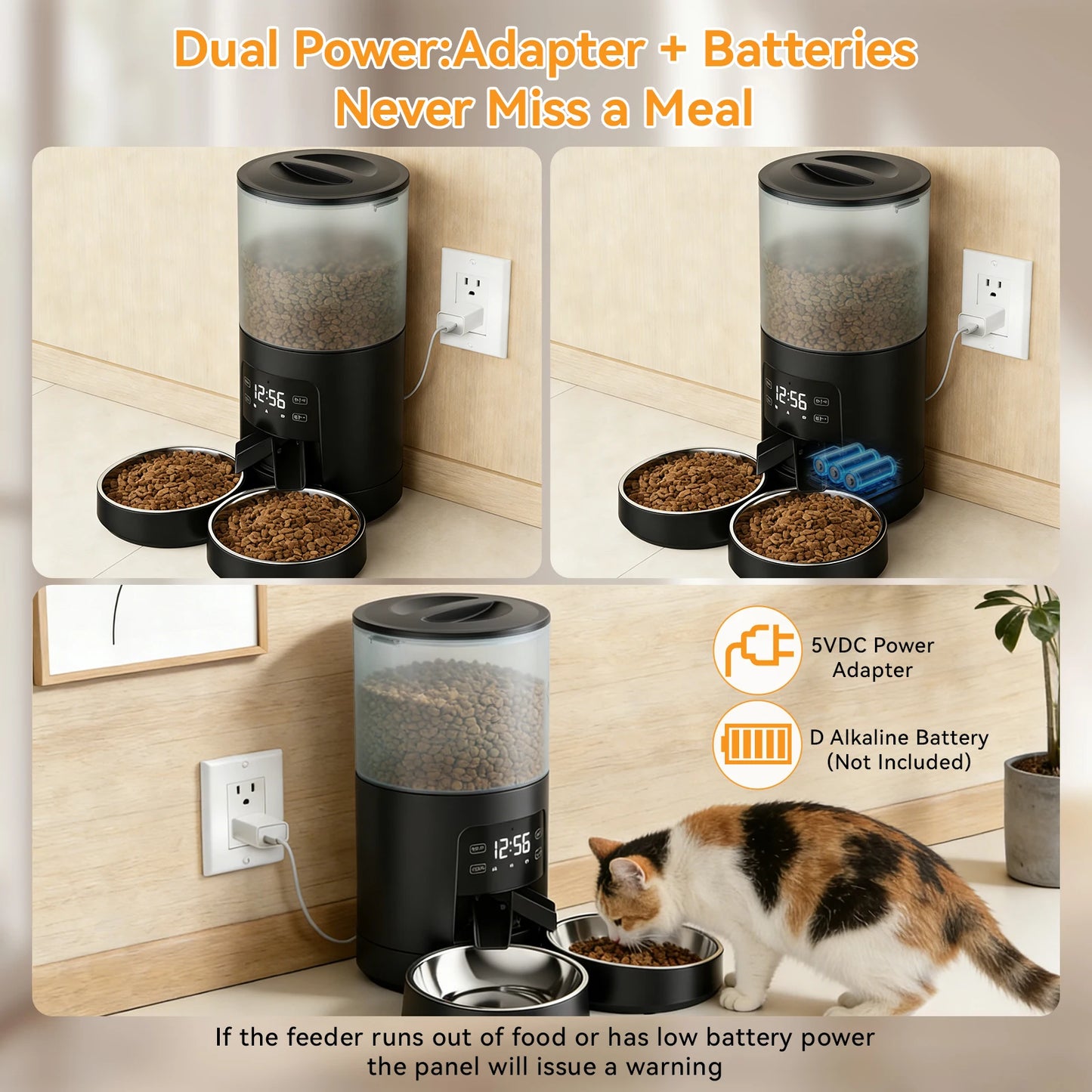 6L Automatic Cat Feeder with 2 Stainless Bowls Timed Cat Food Dispenser Dual Power Supply Dual Pet Feeder for Cat and Dog