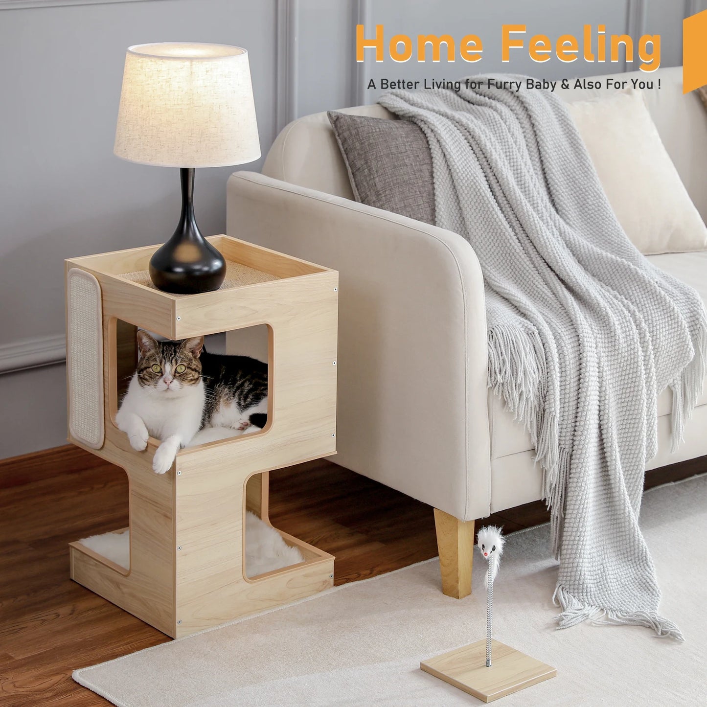 Wood Cat Condo House, Bed with Removable Soft Mats, Modern Cat Tree Tower with Scratching Pad