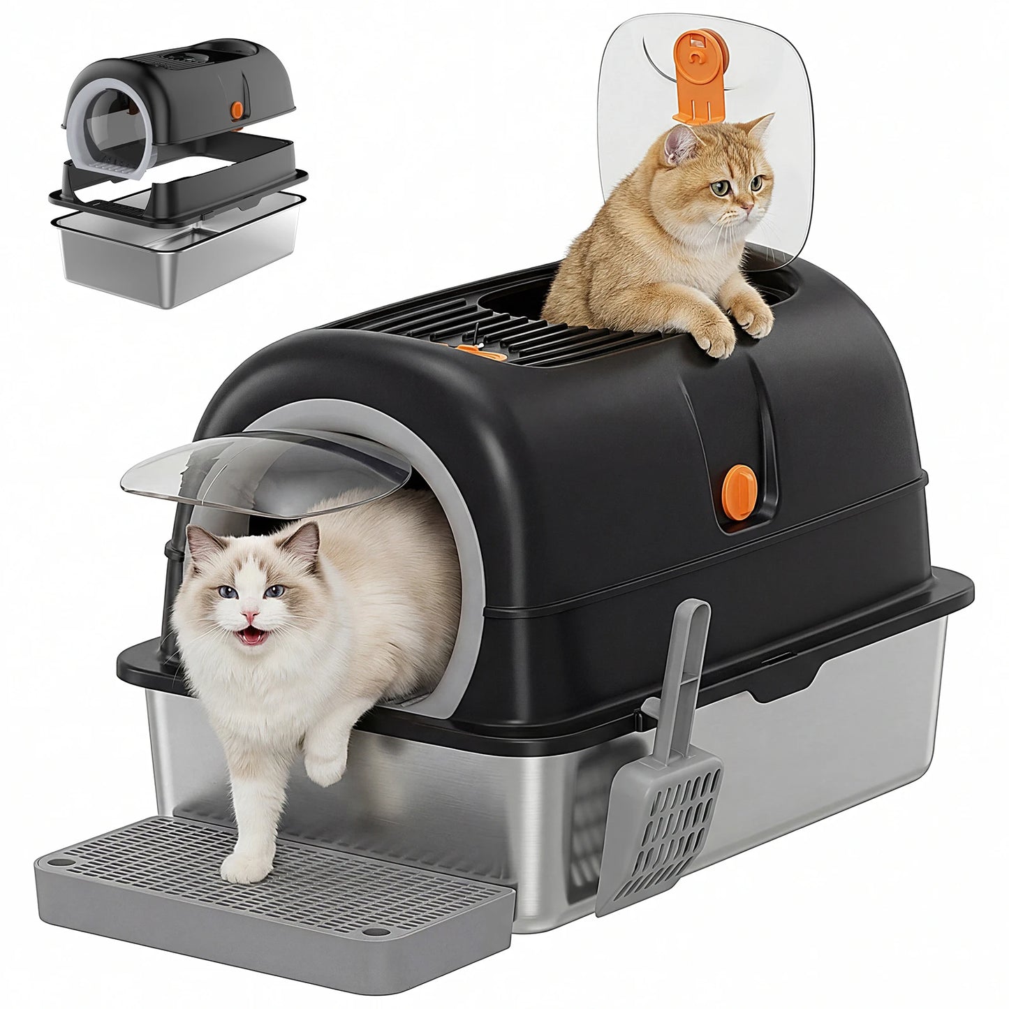 24IN Stainless Steel Cat Litter Box with Fully Enclosed 30L Large Cat Litter Box for Big Cats, Cat Box Scoop and Mat Included