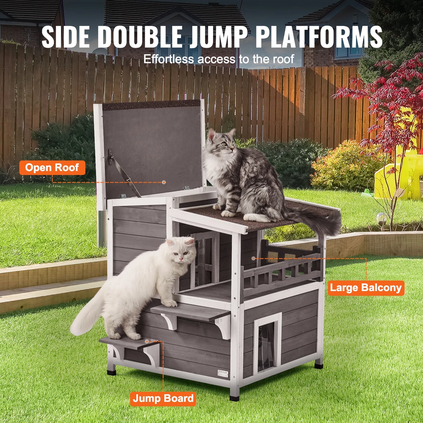 Outdoor Cat House Weatherproof Feral Cat Shelter 2-story Large Outdoor Wooden Cat House with Balcony Door and Open Roof