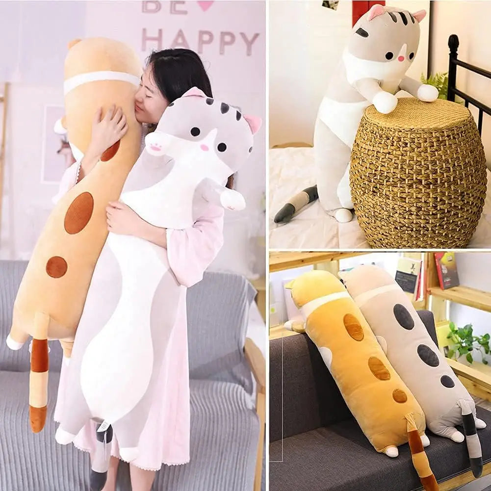 Cute Cat Plush Long Body Pillow, Soft Stuffed Animal Doll for Kids Girls, Gray 19 Inches