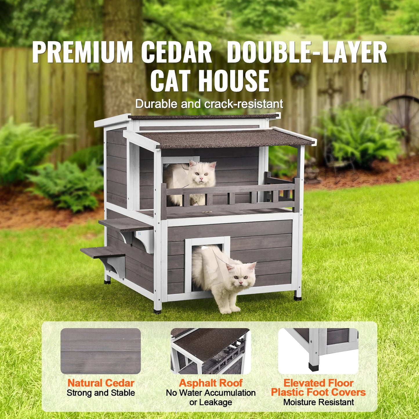 Outdoor Cat House Weatherproof Feral Cat Shelter 2-story Large Outdoor Wooden Cat House with Balcony Door and Open Roof