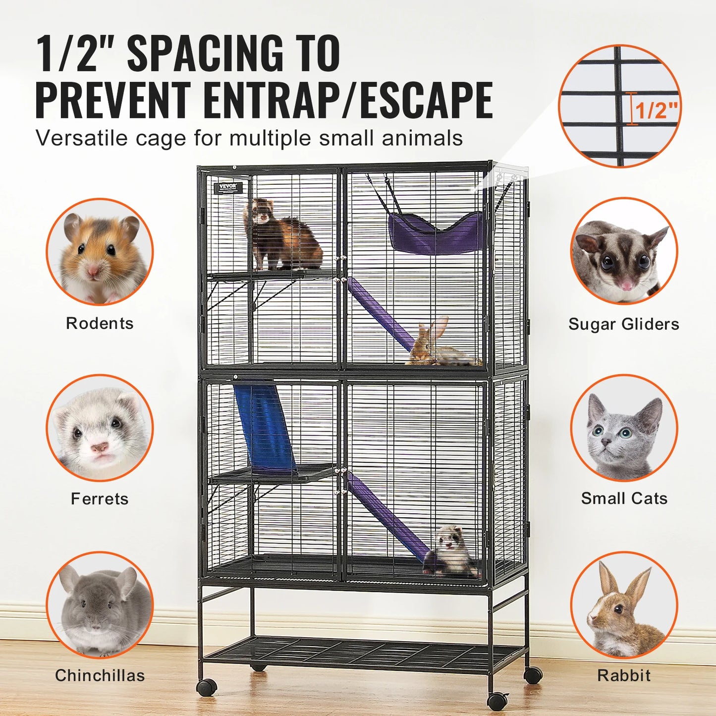64.6"Rolling Metal Ferret Cage Large4-Tier Critter Nation Cage Small Animal Cage for Pet Rat Hamster Guinea Chinchilla