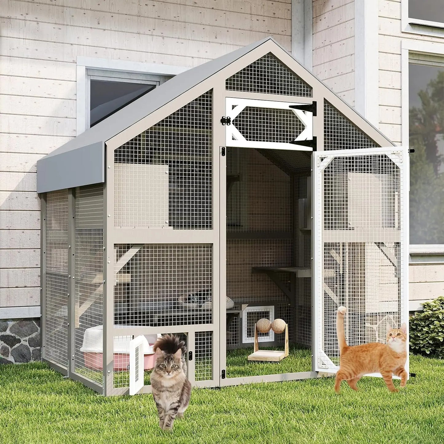 71" Weatherproof Outdoor Cat Enclosure Large Walk-in House with Window Multiple Cats 2 Condos 6 Platforms, Customized