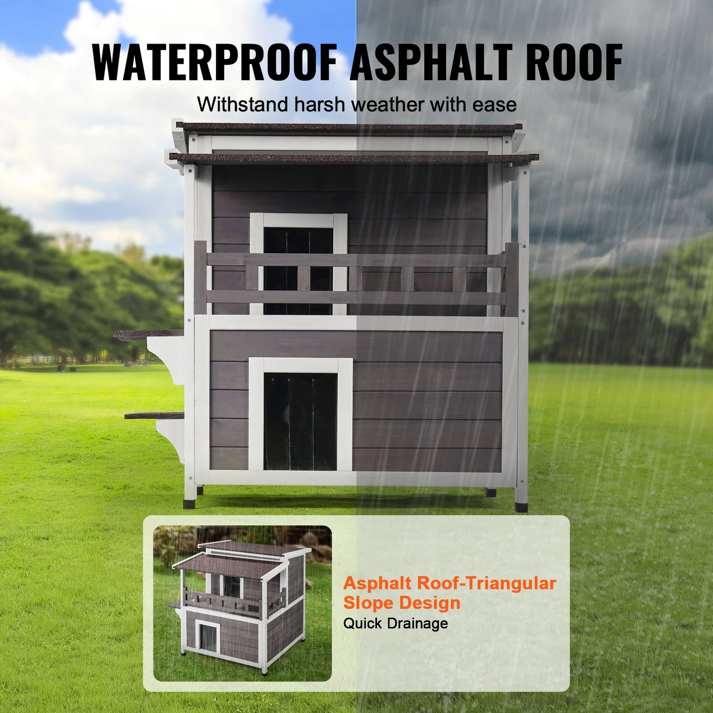 Outdoor Cat House Weatherproof Feral Cat Shelter 2-story Large Outdoor Wooden Cat House with Balcony Door and Open Roof