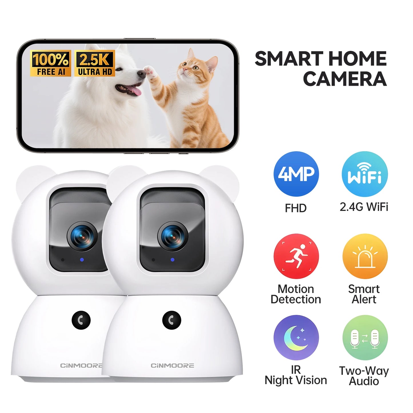 2.5K 2.4G WiFi Indoor Home Security Camera Pet/Dog Camera Baby Monitor AI Person Detection with Phone App IP Camera