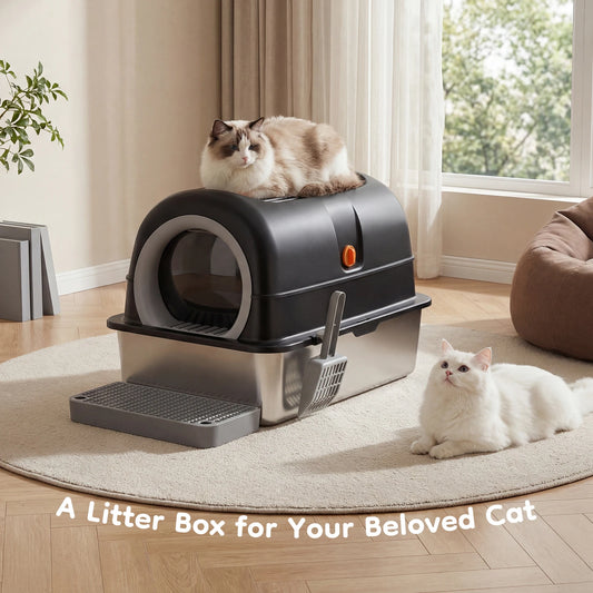 24IN Stainless Steel Cat Litter Box with Fully Enclosed 30L Large Cat Litter Box for Big Cats, Cat Box Scoop and Mat Included