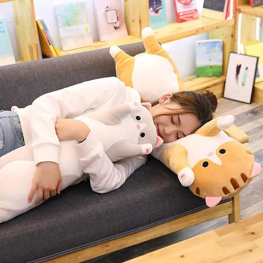 Cute Cat Plush Long Body Pillow, Soft Stuffed Animal Doll for Kids Girls, Gray 19 Inches