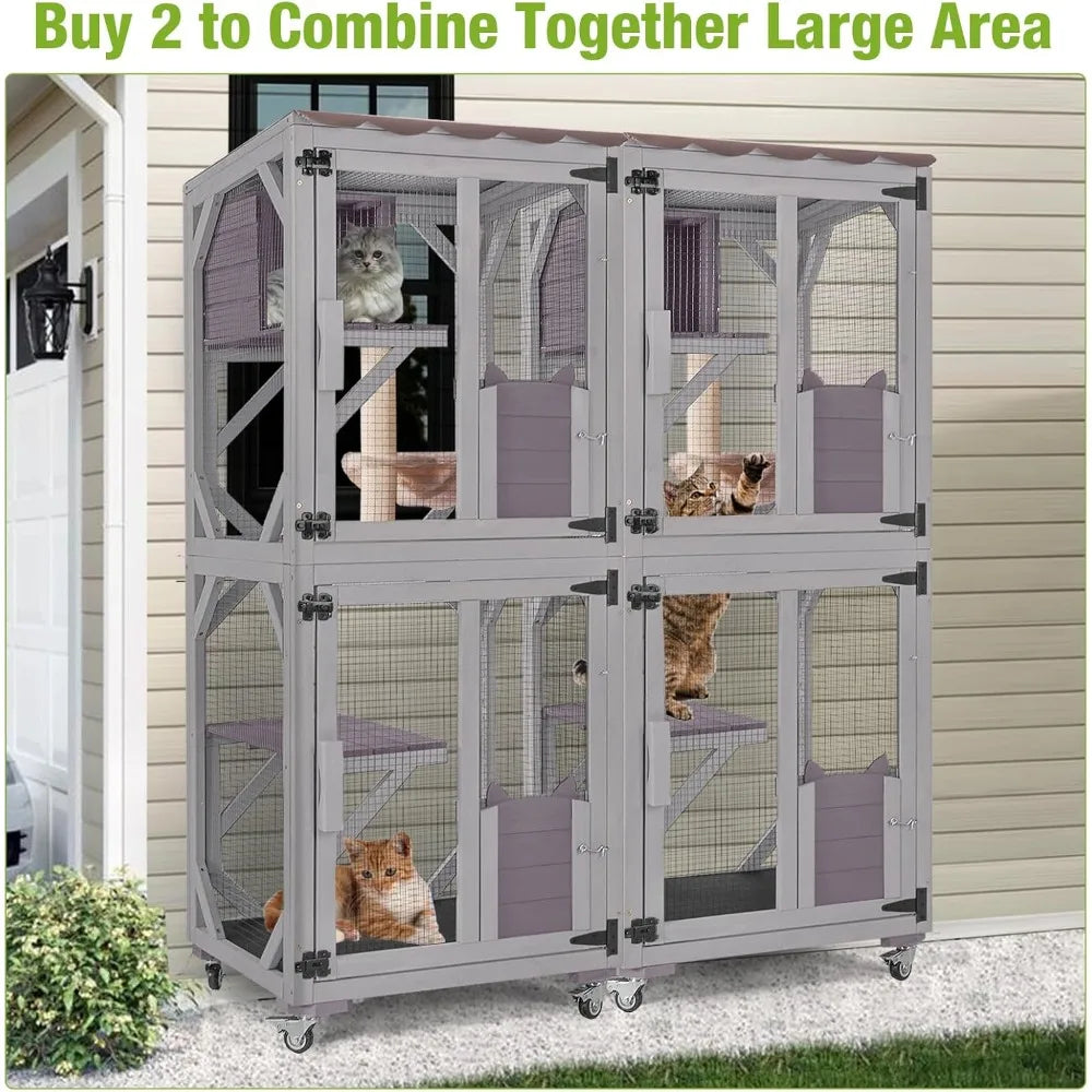 Catio Outdoor Cat Enclosure Mobile Cat House Indoor On Wheels with Scratch Post, Hammock, Resting Box, Platform, Tarp
