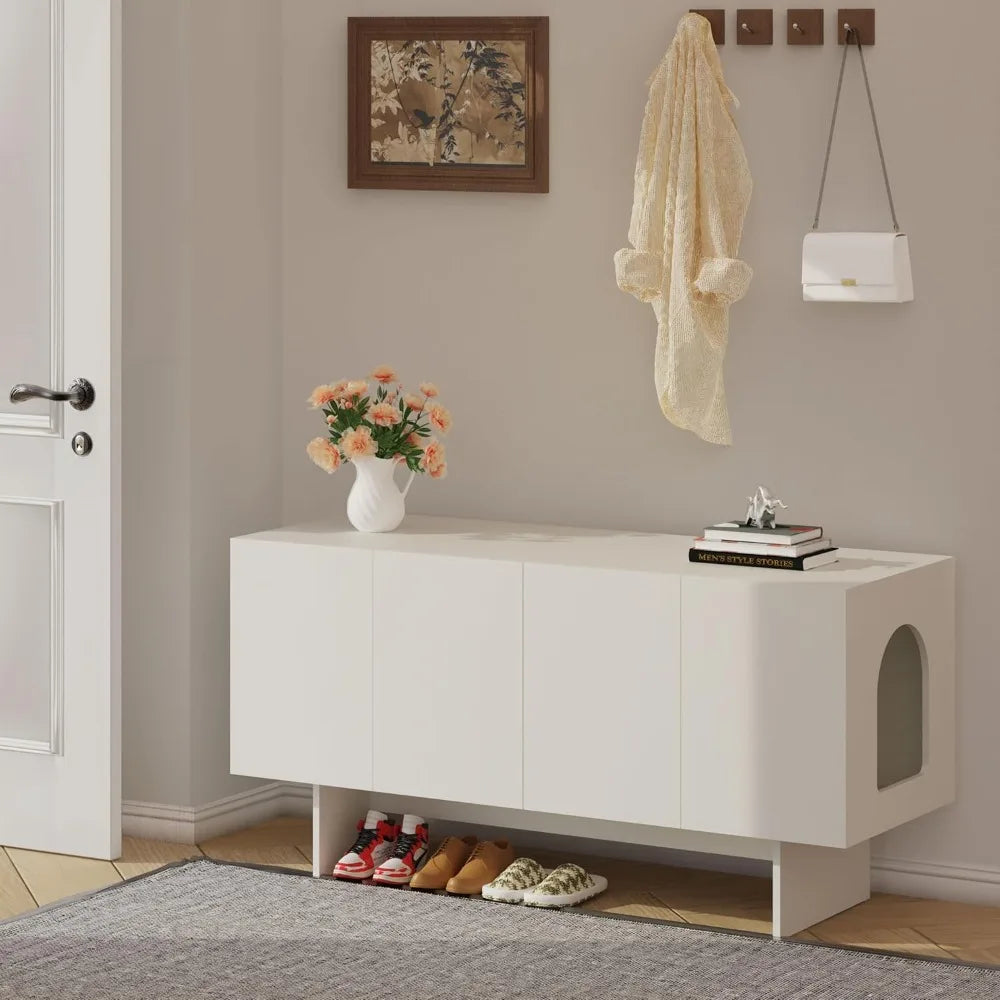 Double Litter Box Enclosure, Litter Box Enclosure for 2 Litter Boxes, Modern Box Furniture for 2 Cats, Scandi Style (Whit