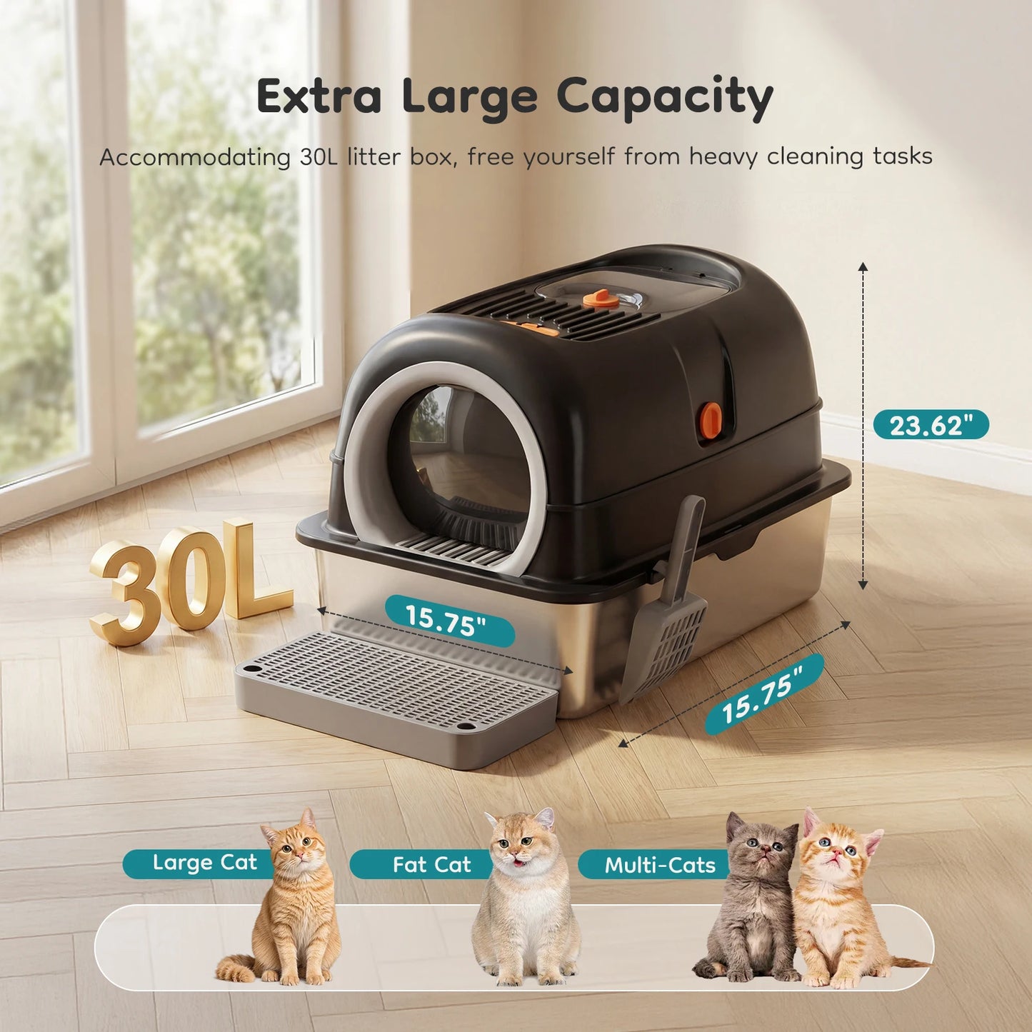 24IN Stainless Steel Cat Litter Box with Fully Enclosed 30L Large Cat Litter Box for Big Cats, Cat Box Scoop and Mat Included