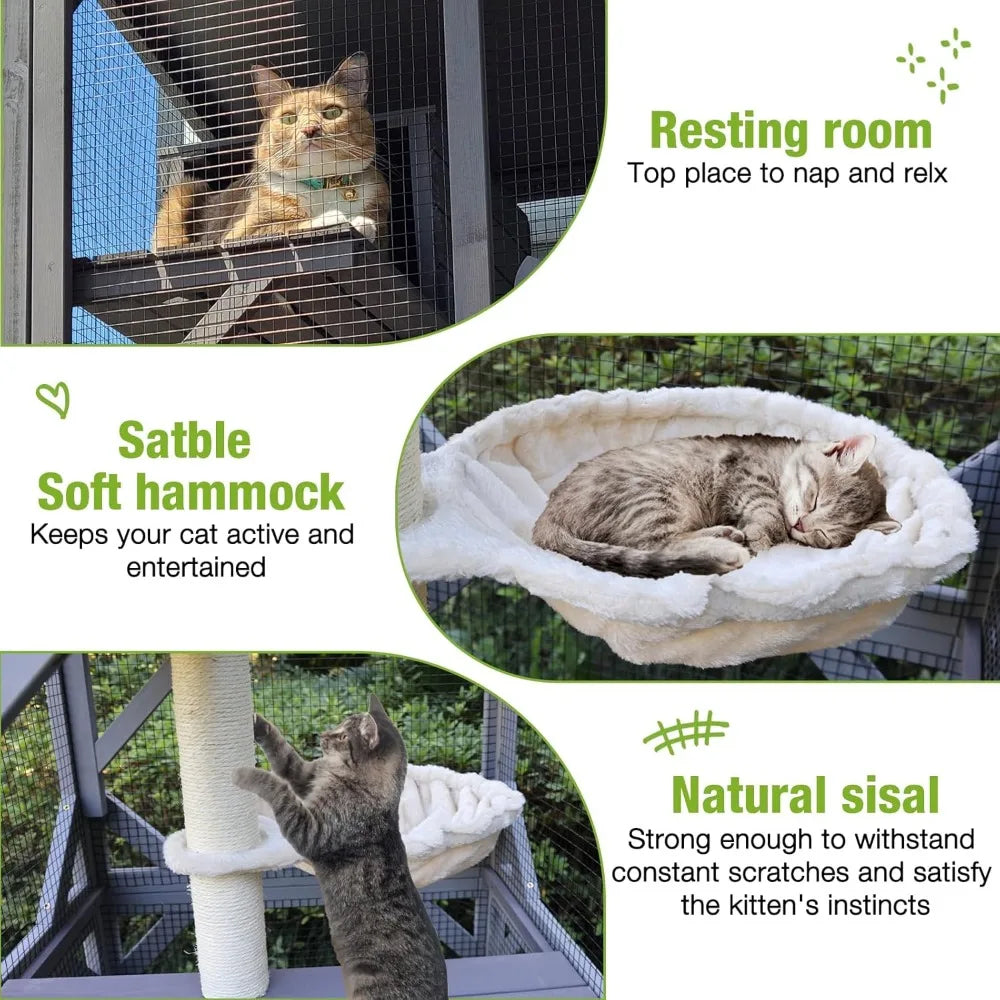 Catio Outdoor Cat Enclosure Mobile Cat House Indoor On Wheels with Scratch Post, Hammock, Resting Box, Platform, Tarp
