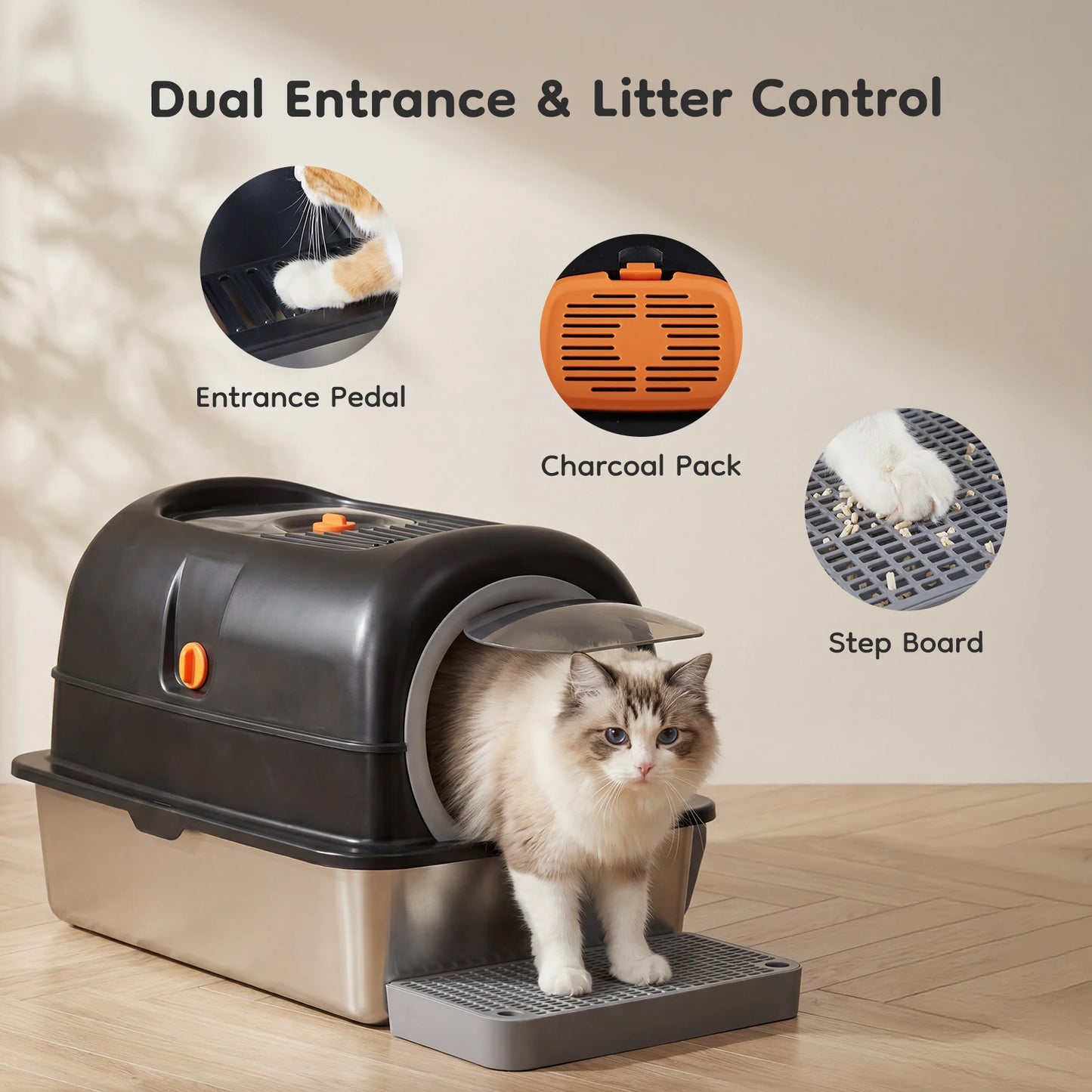 24IN Stainless Steel Cat Litter Box with Fully Enclosed 30L Large Cat Litter Box for Big Cats, Cat Box Scoop and Mat Included