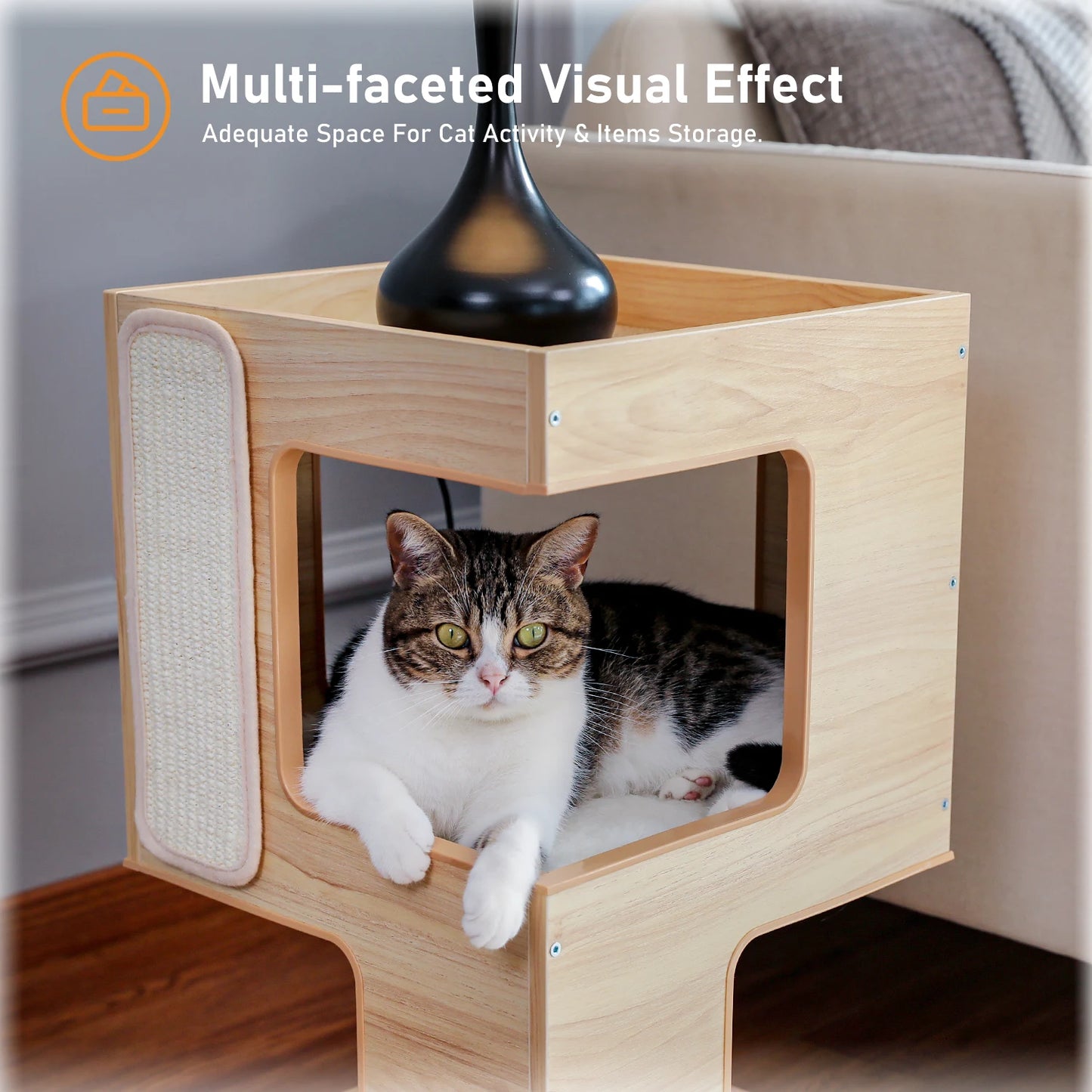 Wood Cat Condo House, Bed with Removable Soft Mats, Modern Cat Tree Tower with Scratching Pad