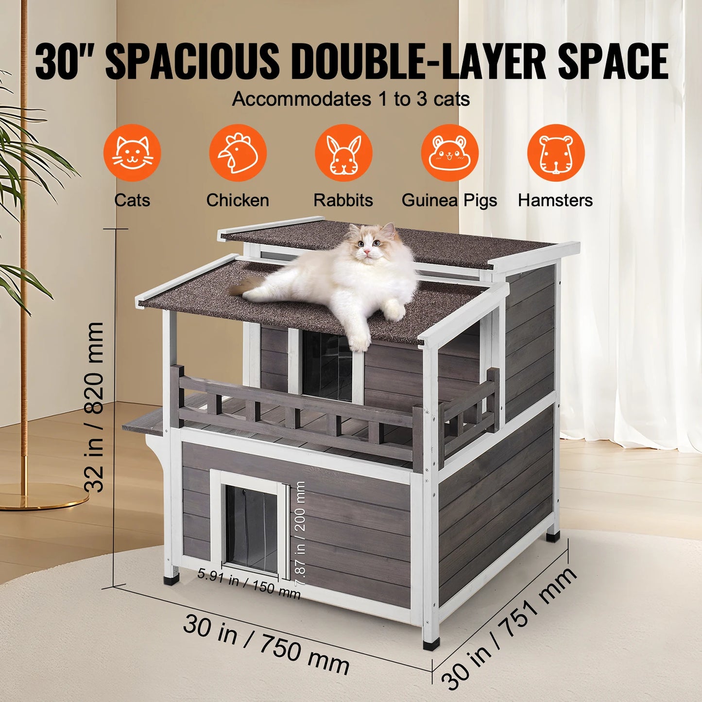 Outdoor Cat House Weatherproof Feral Cat Shelter 2-story Large Outdoor Wooden Cat House with Balcony Door and Open Roof