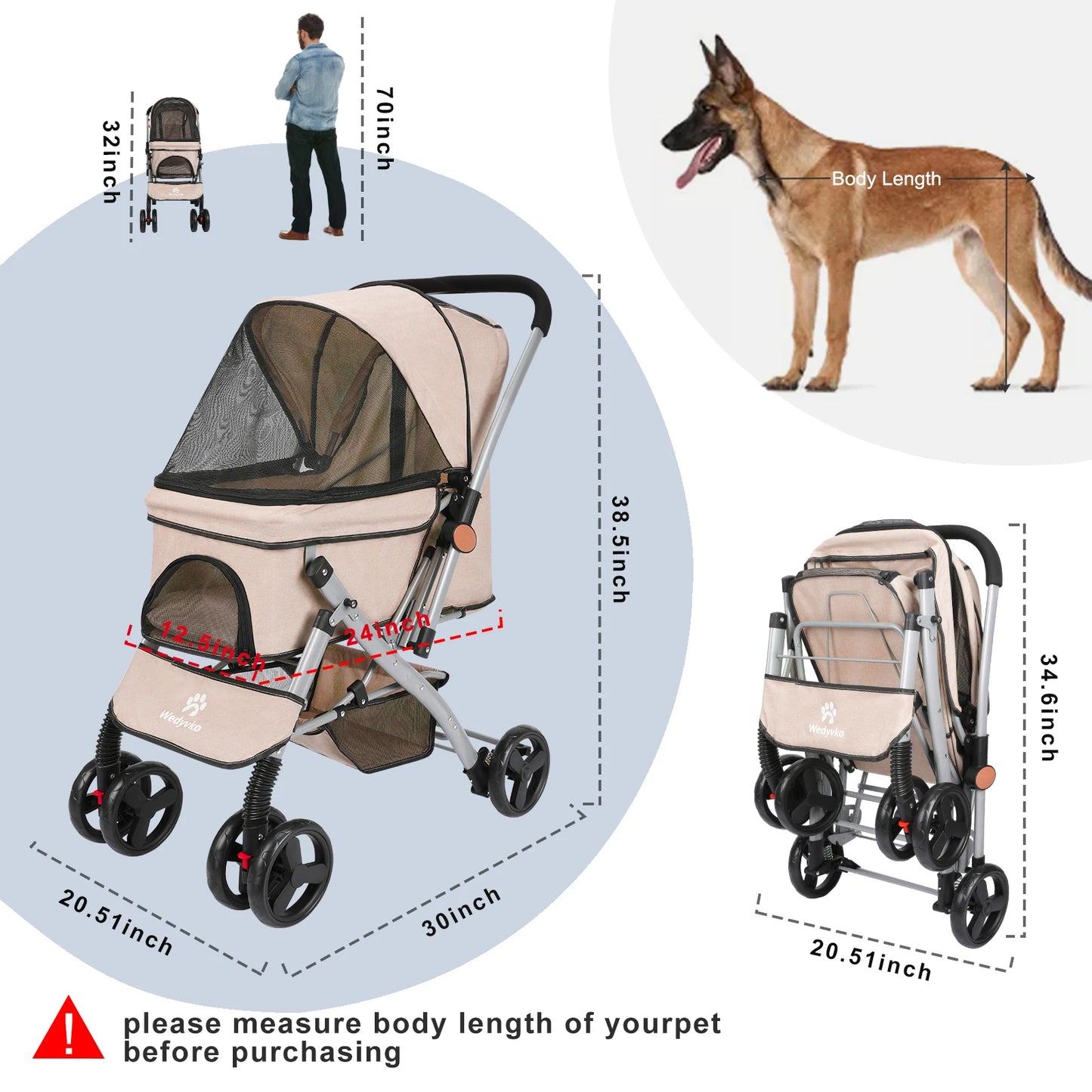 Foldable Cat Dog Stroller  Detachable  Easy Assembly Pet Travel Carrier W/Shock Absorption Folding Resistant to dirt