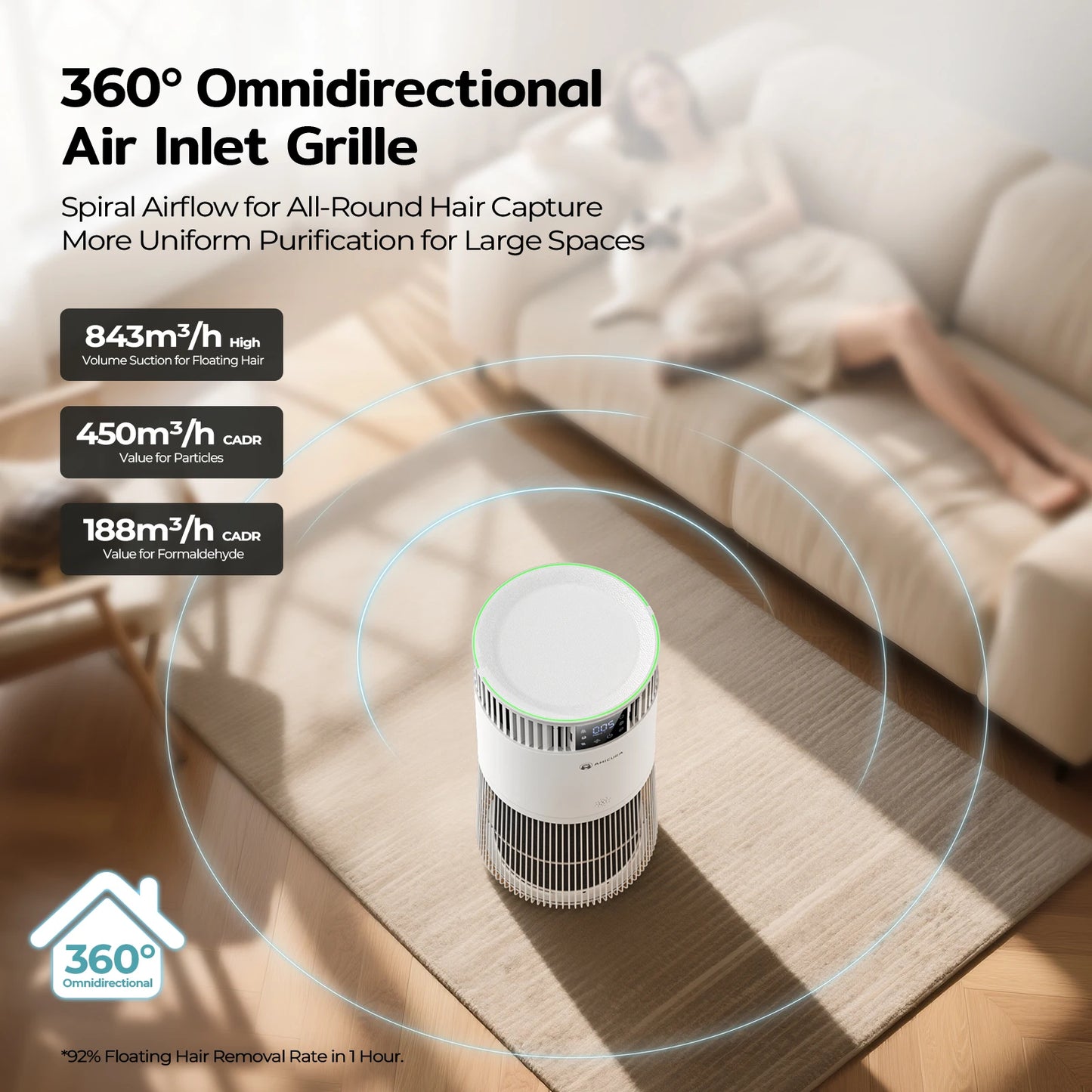 Air Purifier for Pet Allergy Sufferers 843 m³/h Pet Hair Removal 450 CADR 99% Odor Neutralization H13 Filter
