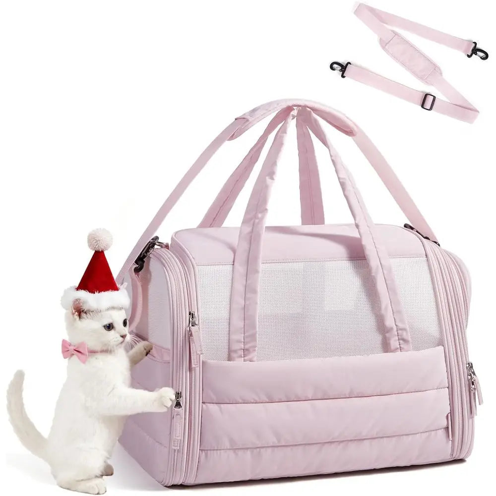 Cat Carrier: Soft-Sided Pet Carrier for Small Medium Cats Dogs Puppy Quilted Collapsible Puffy Travel Bag Up to 20 Lbs Pink