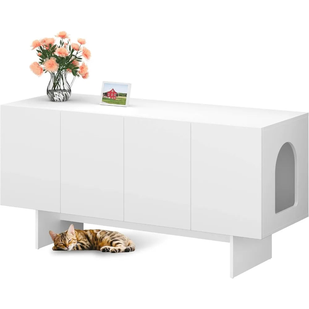 Double Litter Box Enclosure, Litter Box Enclosure for 2 Litter Boxes, Modern Box Furniture for 2 Cats, Scandi Style (Whit