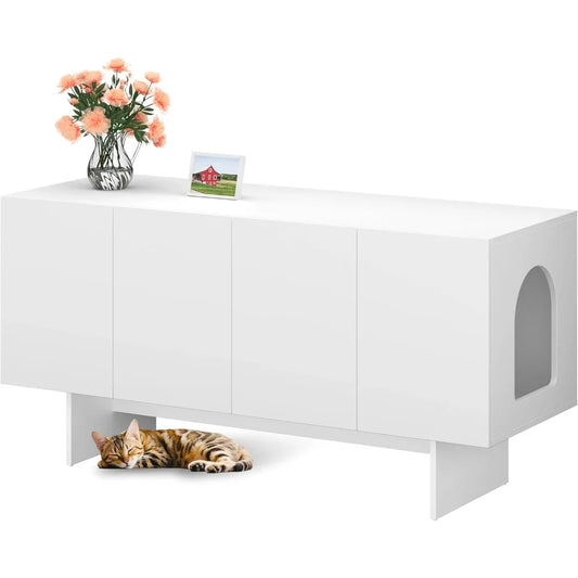 Double Litter Box Enclosure, Litter Box Enclosure for 2 Litter Boxes, Modern Box Furniture for 2 Cats, Scandi Style (Whit