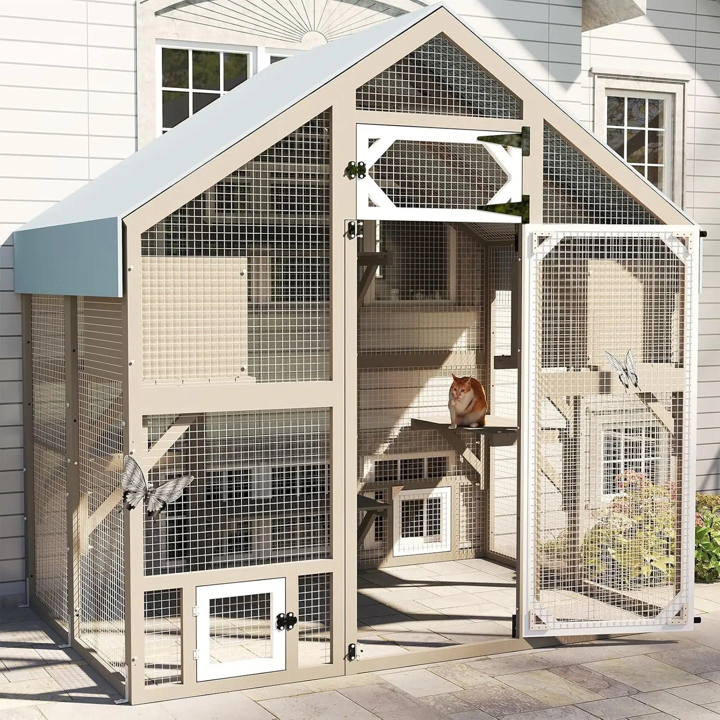 71" Weatherproof Outdoor Cat Enclosure Large Walk-in House with Window Multiple Cats 2 Condos 6 Platforms, Customized