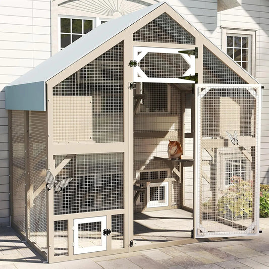 71" Weatherproof Outdoor Cat Enclosure Large Walk-in House with Window Multiple Cats 2 Condos 6 Platforms, Customized