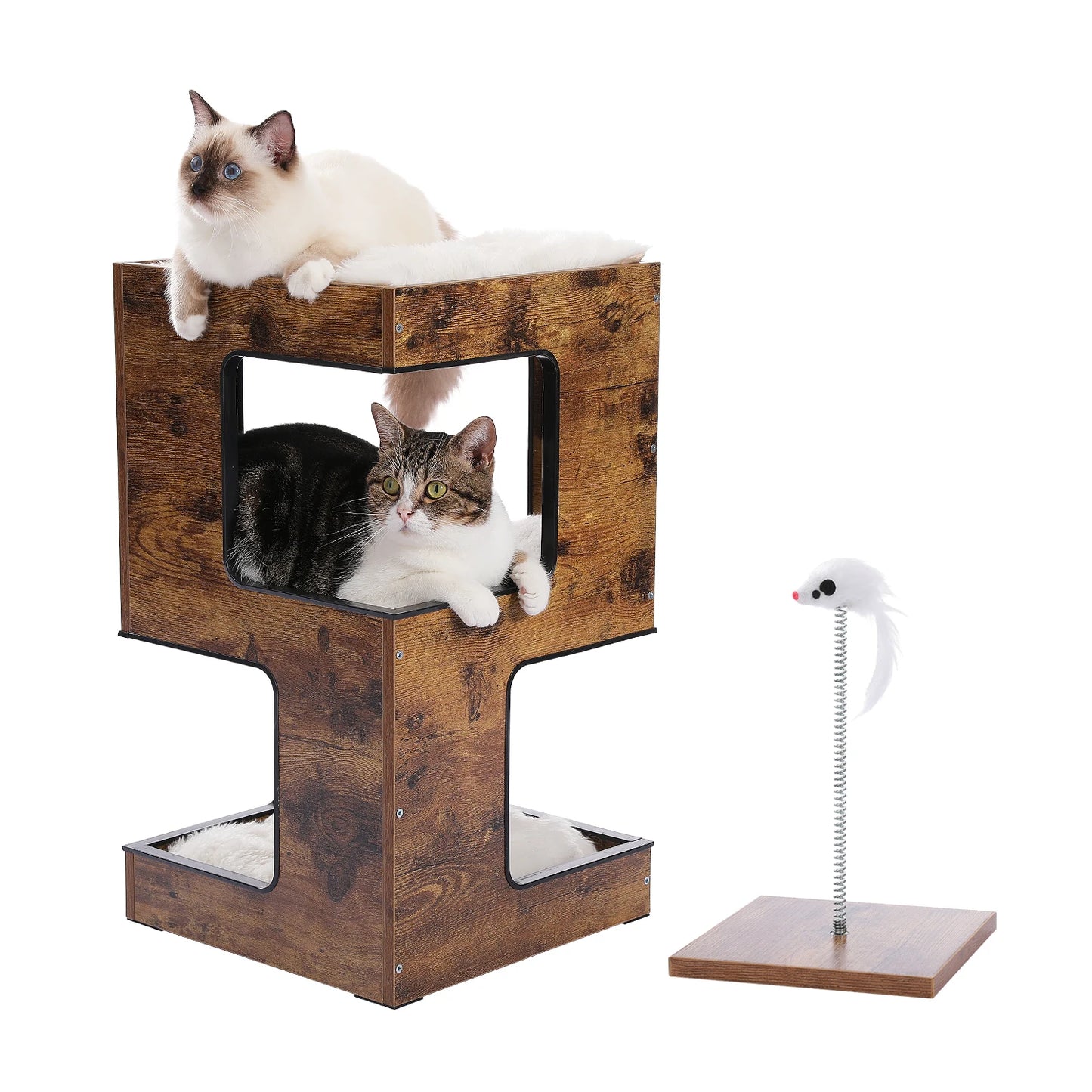 Wood Cat Condo House, Bed with Removable Soft Mats, Modern Cat Tree Tower with Scratching Pad