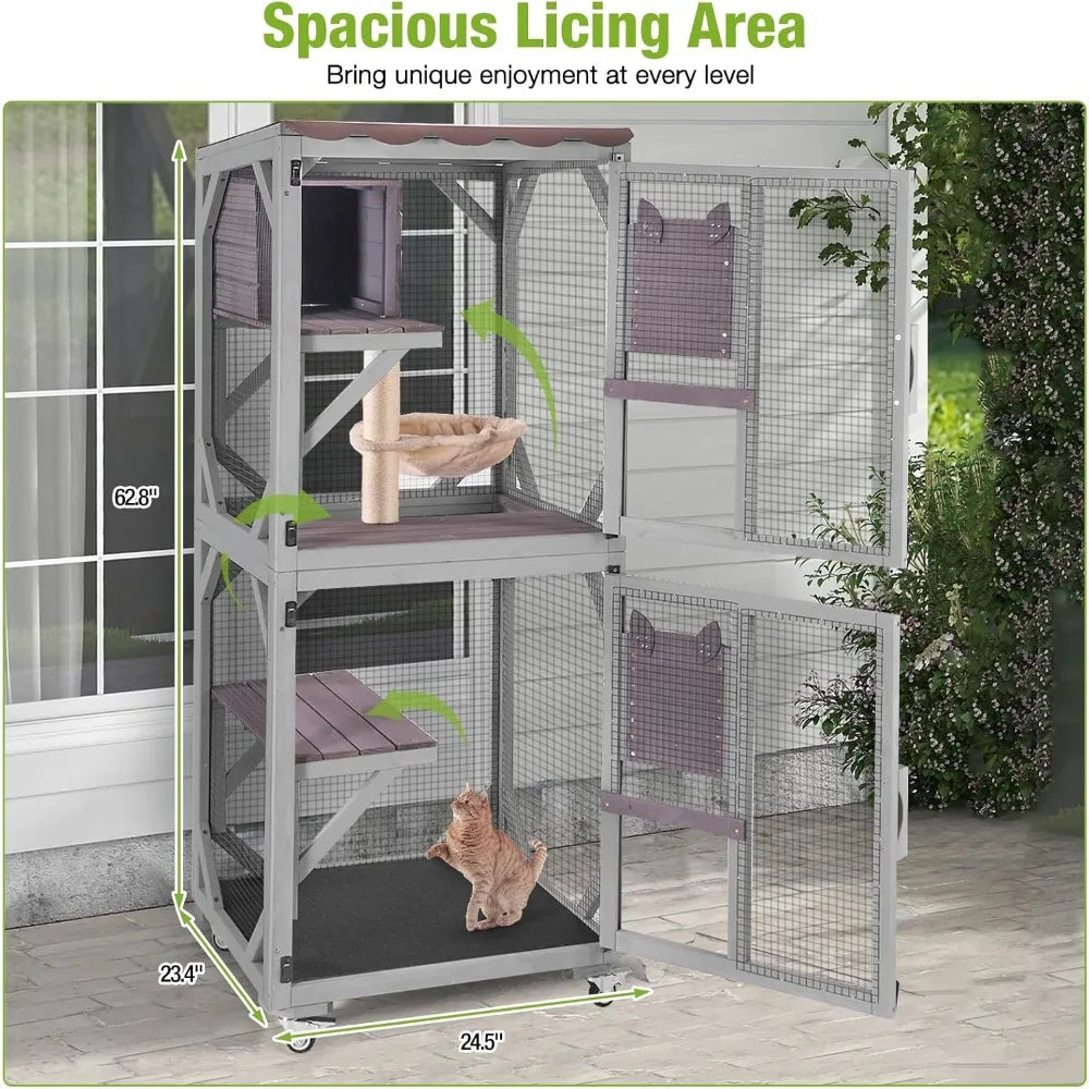 Catio Outdoor Cat Enclosure Mobile Cat House Indoor On Wheels with Scratch Post, Hammock, Resting Box, Platform, Tarp