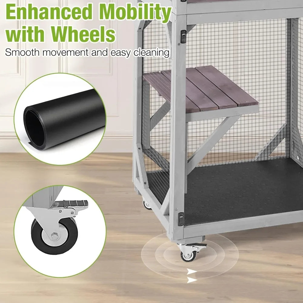 Catio Outdoor Cat Enclosure Mobile Cat House Indoor On Wheels with Scratch Post, Hammock, Resting Box, Platform, Tarp