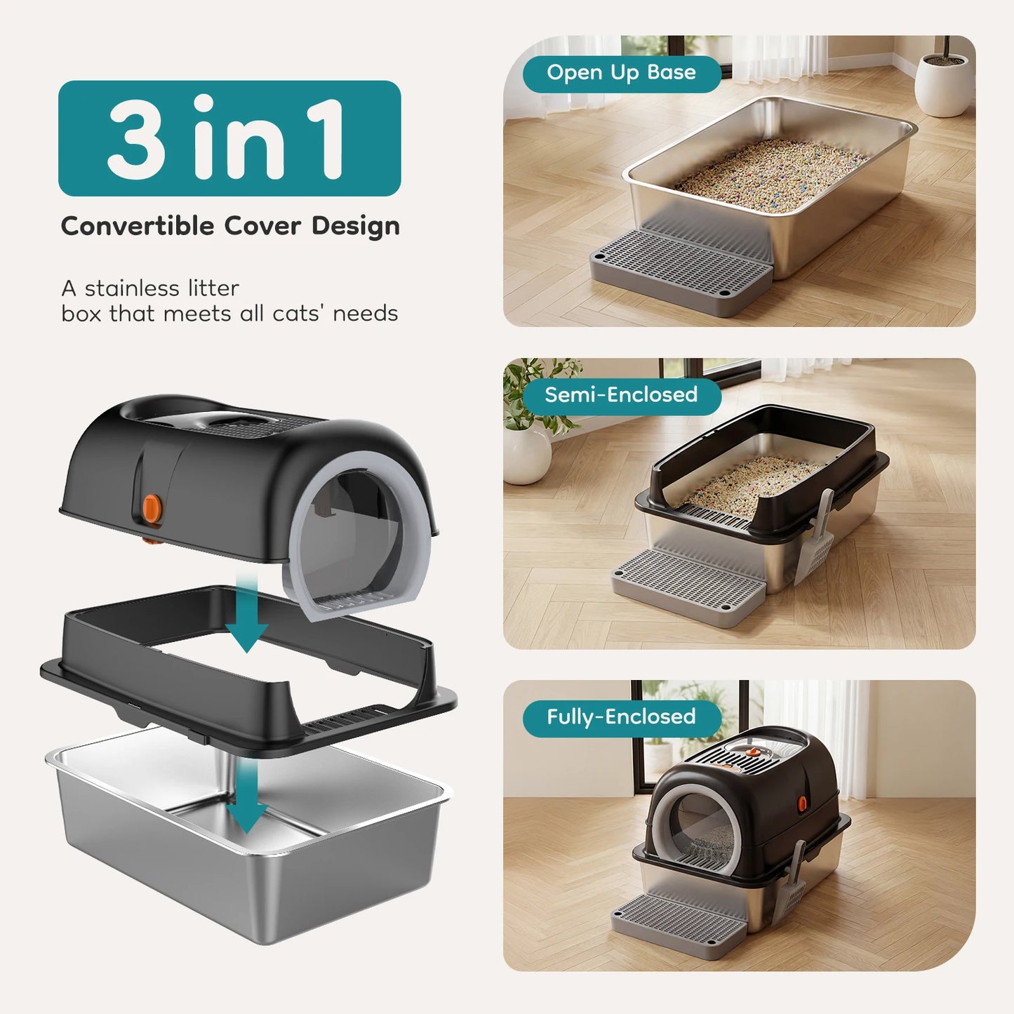 24IN Stainless Steel Cat Litter Box with Fully Enclosed 30L Large Cat Litter Box for Big Cats, Cat Box Scoop and Mat Included