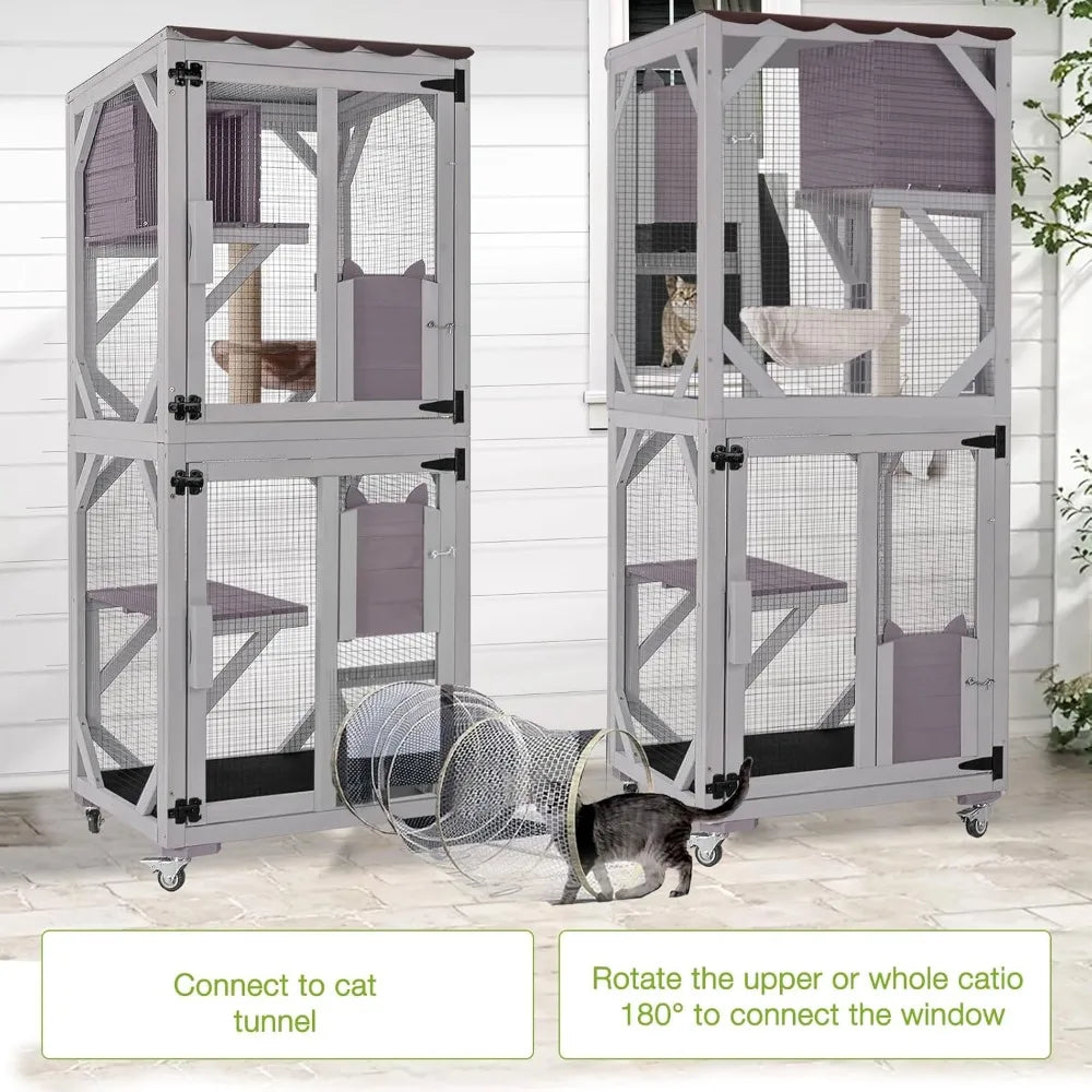 Catio Outdoor Cat Enclosure Mobile Cat House Indoor On Wheels with Scratch Post, Hammock, Resting Box, Platform, Tarp