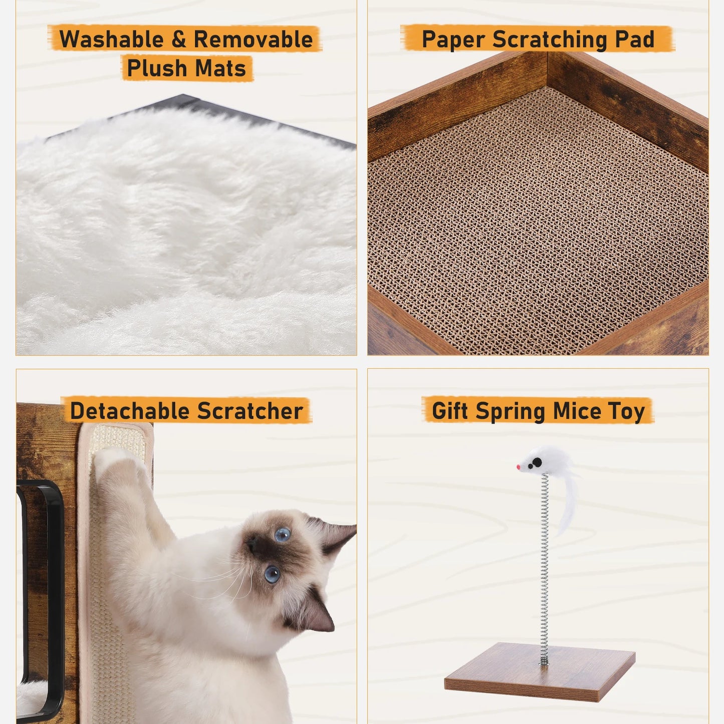 Wood Cat Condo House, Bed with Removable Soft Mats, Modern Cat Tree Tower with Scratching Pad