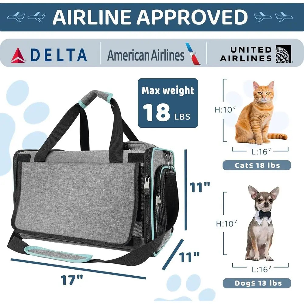 Cat Carrier American, United, Delta Airline Approved/Soft-Sided Pet Travel Bag for Medium Cat 15+ lbs Small Dog Traveling Crate