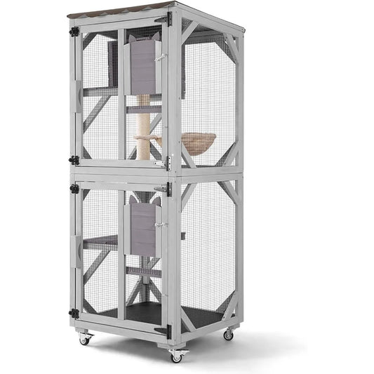 Catio Outdoor Cat Enclosure Mobile Cat House Indoor On Wheels with Scratch Post, Hammock, Resting Box, Platform, Tarp