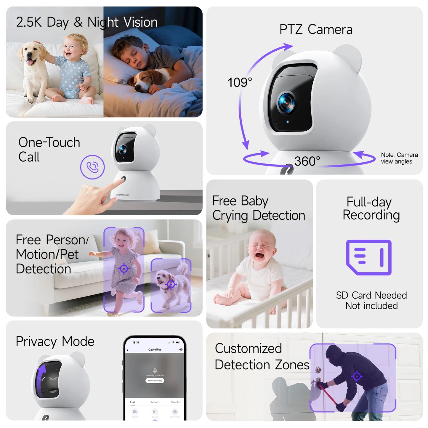2.5K 2.4G WiFi Indoor Home Security Camera Pet/Dog Camera Baby Monitor AI Person Detection with Phone App IP Camera